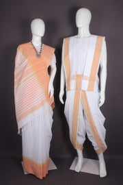 Traditional Handloom Joda Set in White with Orange, Brown Border