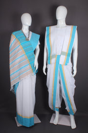 Traditional Handloom Joda Set in White with Sky Blue Border