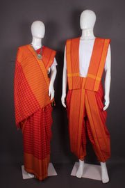 Traditional Handloom Joda Set in Red with Yellow Striped Base and Yellow Border