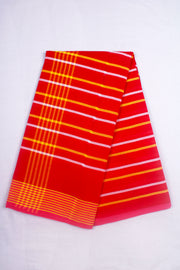 Red Dhoti Dupatta with White and Yellow Stripes and Magenta Border