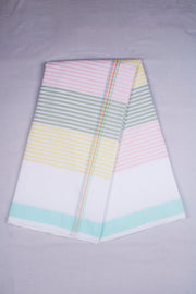 White Dhoti Dupatta with Cyan Border and Multi Colour Stripes