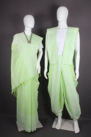 Traditional Handloom Joda Set in Light Green with Striped and Off White Border