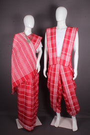 Traditional Handloom Joda Set in Red with White Striped and White Border