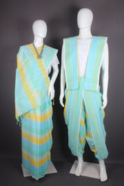 Traditional Handloom Joda Set in Yellow, Sky Blue and Sea Green Striped with White Border