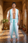 White Dhoti Dupatta with Green Stripes and Border