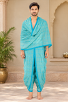 Green Dhoti Dupatta with Blue Double Line Checks and Border