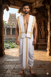 White Stitched Dhoti Dupatta with Brown Border