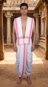 White Stitched Dhoti Dupatta with Pink Border