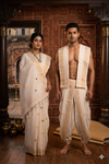 Traditional Handloom Joda Set in Cream with Buti and Goldan Zari Border