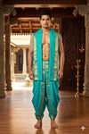 Cyan Dhoti Dupatta with Golden Zari Border and Butis
