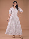 Off White and Brown Printed Gathered Dress