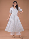 Off White and Blue Printed Gathered Dress