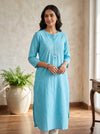 Sky Blue Self Striped Embroidered Kurti
