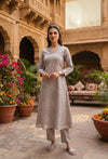 Grey and White Plus Patterned Printed Gathered Kurti