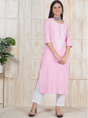 Baby Pink Hand Embroidered Long Kurti