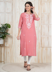 Coral Pink Hand Embroidered Long Kurti