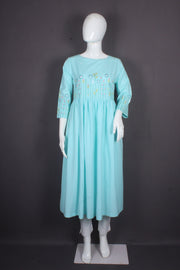 Sky Blue Hand Embroidered Long Kurti