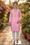 Pink Hand Embroidered Long Kurti with Self Line