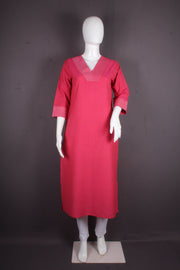 Raspberry Hand Embroidered Long Kurti with Self Striped