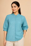 Women's Aqua Blue Embroidered Mandarin Collar Shirt with Elbow Puff Sleeves
