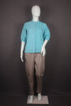 Women's Aqua Blue Embroidered Mandarin Collar Shirt with Elbow Puff Sleeves