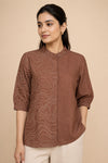 Women's Rust Brown Embroidered Mandarin Collar Shirt with Elbow Puff Sleeves