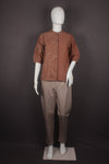 Women's Rust Brown Embroidered Mandarin Collar Shirt with Elbow Puff Sleeves
