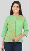 Women's Green Hand Embroidered Cotton Shirt