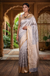 Light Pencil Grey Brocade Net Tissue Banarasi Saree