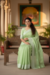 Green Dobby Saree with White Border and Butis