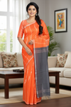 Orange and White Ajrakh Print Saree with Silver Zari Border