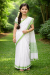 White Balika Saree with Green Border