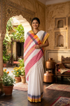 White Dobby Saree with Blue, Red and Yellow Border