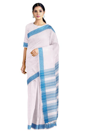 White Dobby Saree with Blue Border