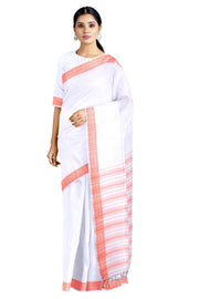 White Dobby Saree with Vermillion Orange Border