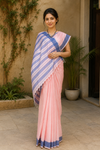 Self Striped Pink Dobby Saree with Blue and White Border
