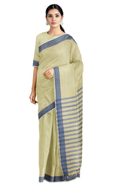 Self Striped Green Dobby Saree with Blue Border