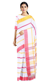 White Dobby Saree with Red and Yellow Stripes and Border