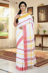 White Dobby Saree with Red and Yellow Stripes and Border