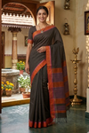Bistre Black Dobby Saree with Pink and Orange Border