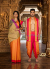 Yellow and Red Dobby Couple Set with Magenta and Purple Border