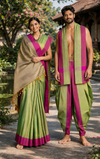 Green and Yellow Dobby Couple Set with Purple Border