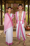 Traditional Handloom Couple Set in White with Magenta Dobby Border