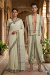 Traditional Handloom Couple Set in Yellow with Lime Green Dobby Border