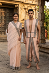 Traditional Handloom Couple Set in Amber Orange with Brown Dobby Border