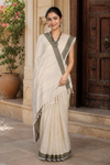 Ivory White Dobby Saree with Brown and White Border