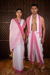 Traditional Handloom Couple Set in White with Pink Dobby Border