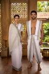 Traditional Handloom Couple Set in White with Self Striped and Green Dobby Border