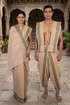 Traditional Handloom Couple Set in Beige with Brown Dobby Border