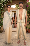 Traditional Handloom Couple Set in Yellow with Self Striped and Green Dobby Border